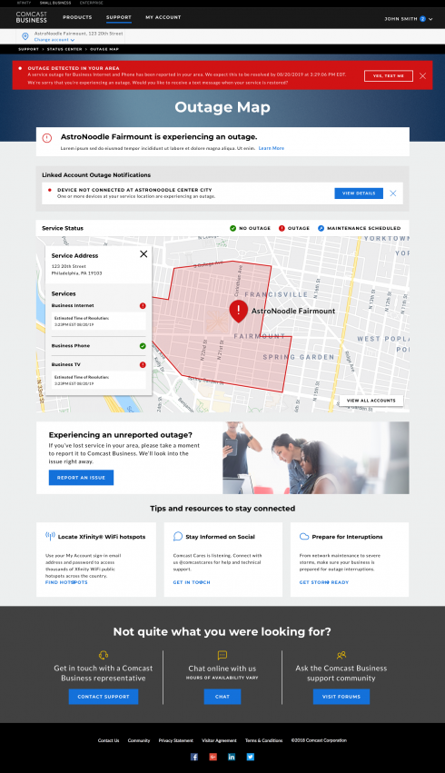 Prototype screen with an outage on the account and a map in view as well as a listing of other linked accounts