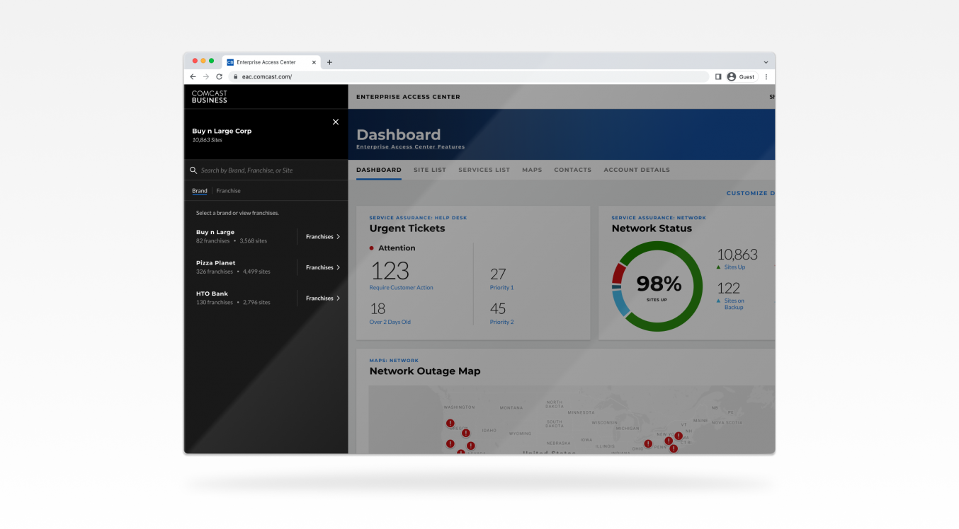 A screenshot of the Franchise View Picker for the Comcast Business Enterprise Access Center where the user is looking at all available brands in a corporation.