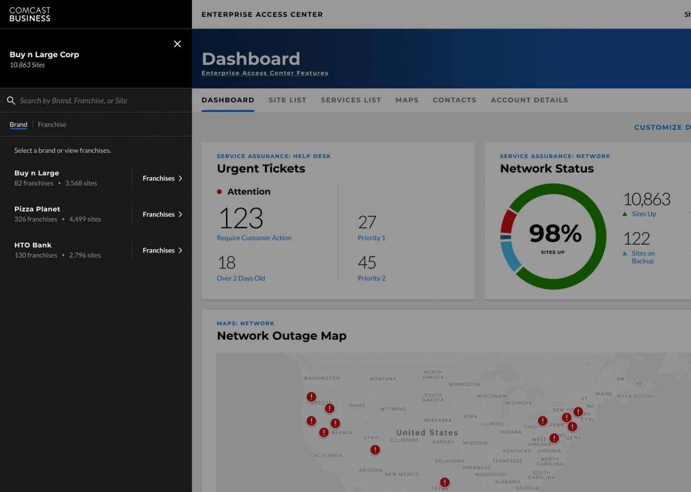 A screenshot of the Franchise View Picker for the Comcast Business Enterprise Access Center where the user is looking at all available brands in a corporation.