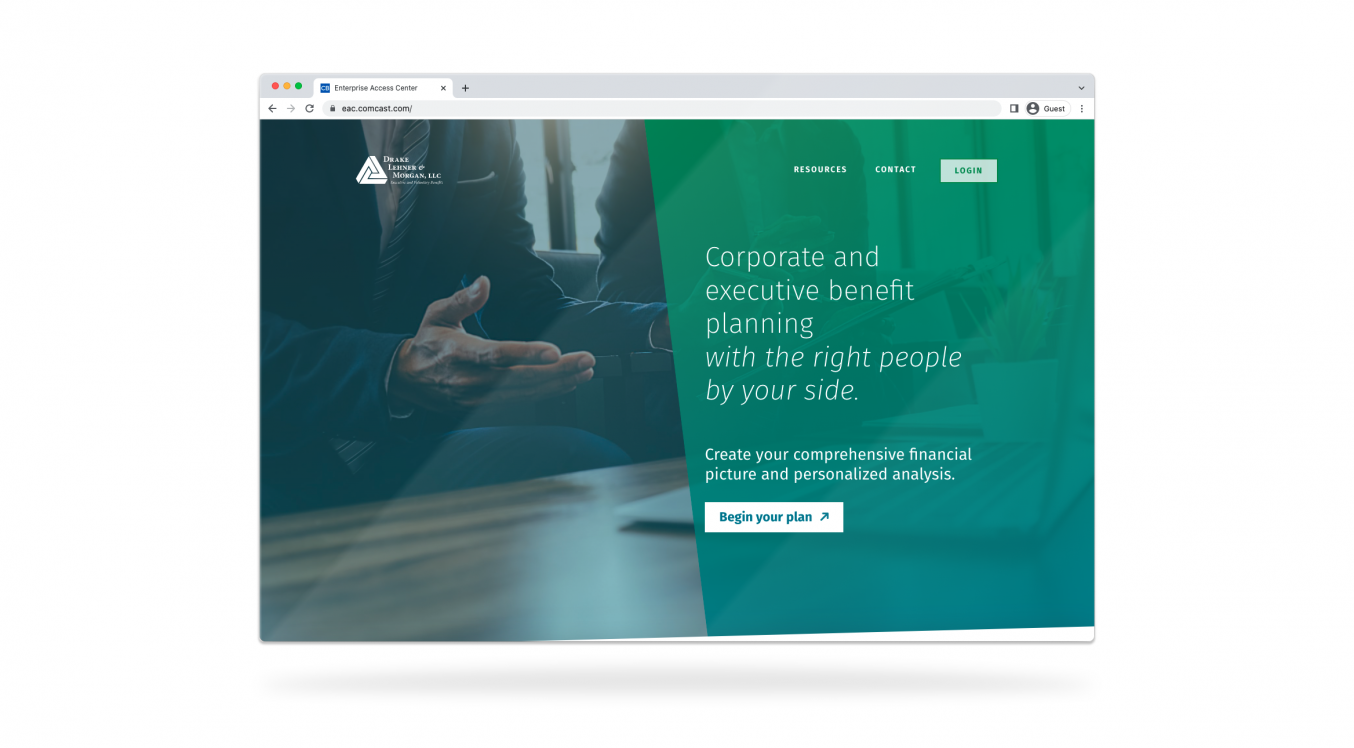A depiction of the Drake, Lehner & Morgan, LLC homepage website design with the hero in view that states "Corporate and executive benefit planning with the right people by your side."