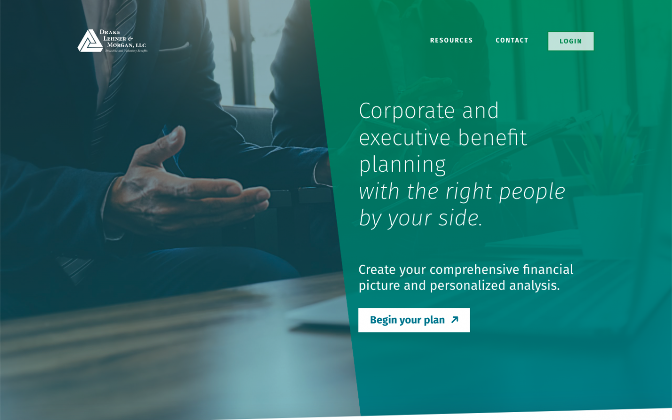 The Drake, Lehner & Morgan, LLC homepage hero that states "Corporate and executive benefit planning with the right people by your side."